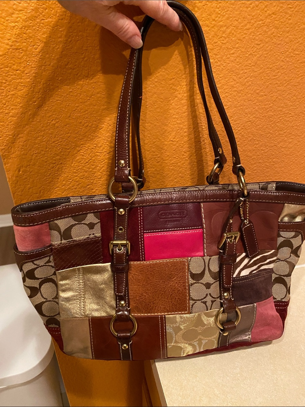 Coach Multicolor Patchwork Leather & Canvas Tote - Brown Pink Gold